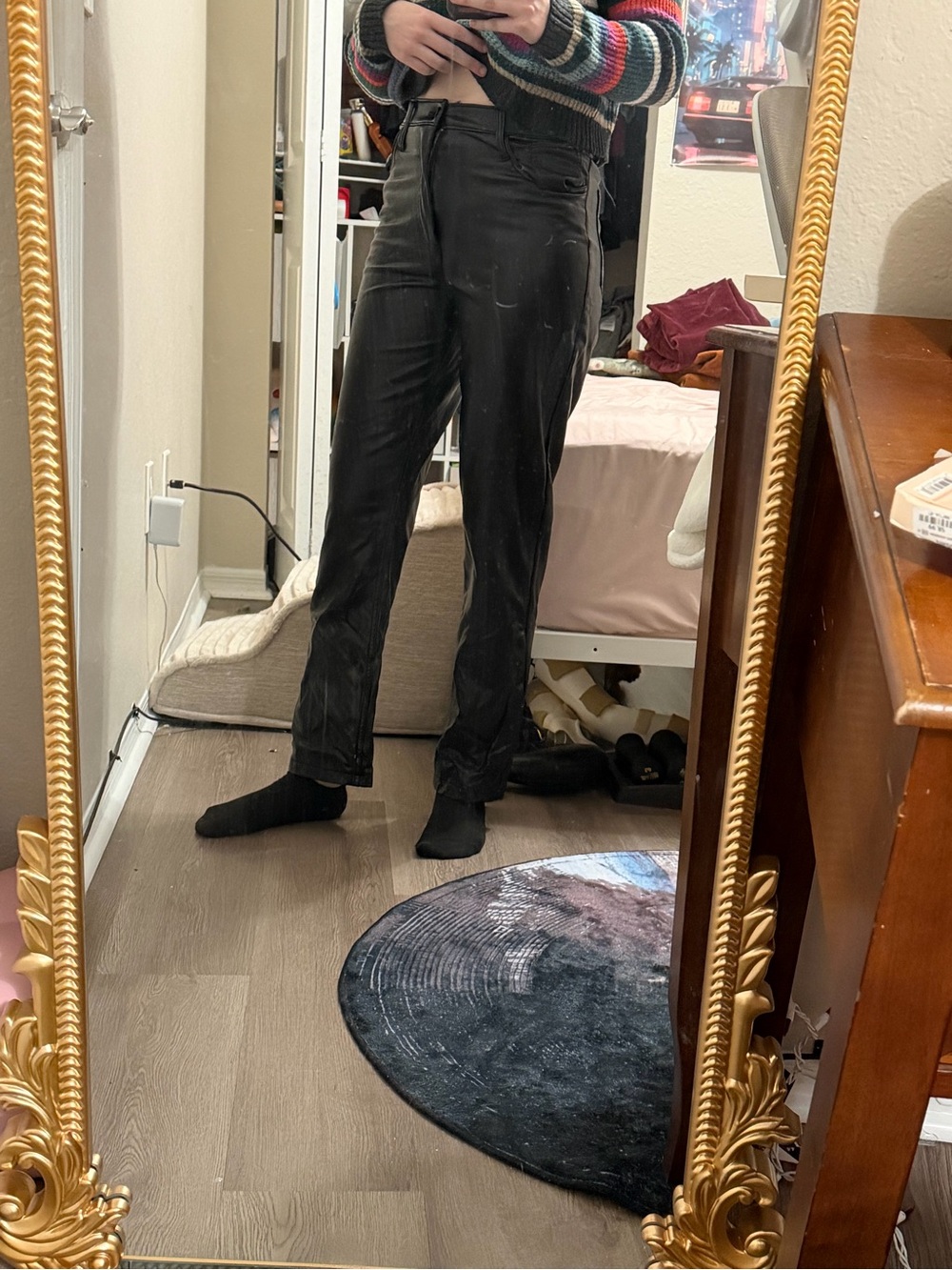 Black Womens Slim Straight Pleather Pants